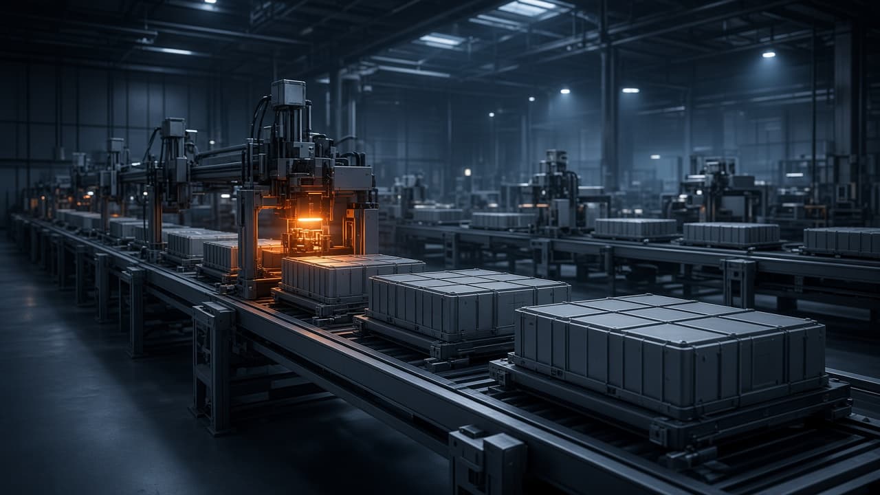 Illustration of an automated factory line moving generic grey battery modules along a conveyor in a dim hall.
