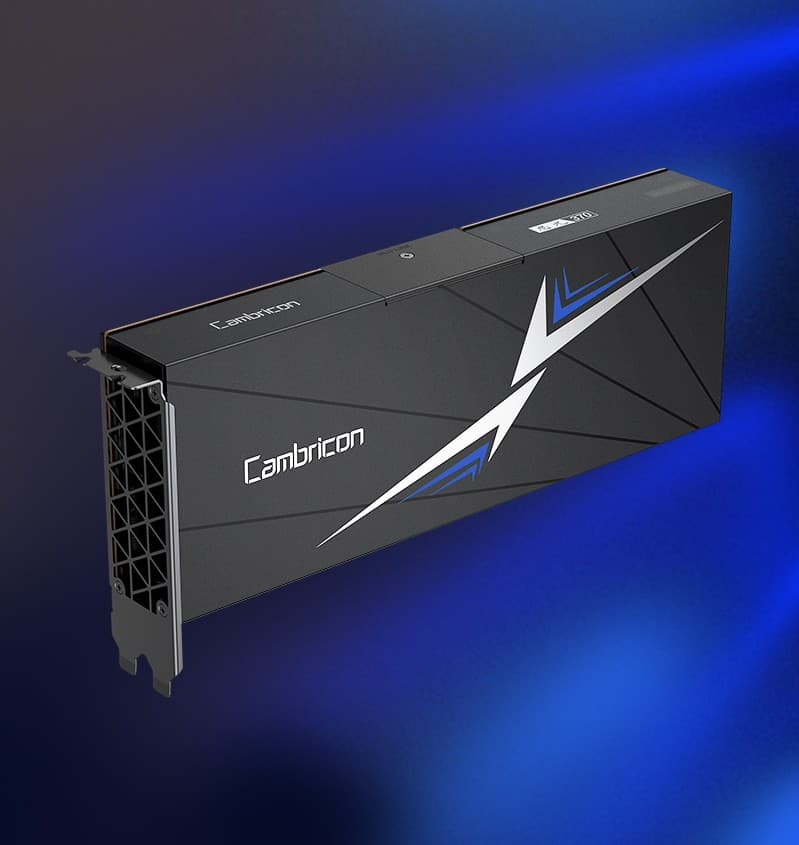 Cambricon MLU370-X8 cloud AI accelerator card in black casing with the Cambricon logo, on a blue background