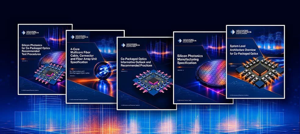 Covers of the five Advanced Photonics Coalition Version 1.0 documents on co-packaged optics, silicon photonics and multicore fiber
