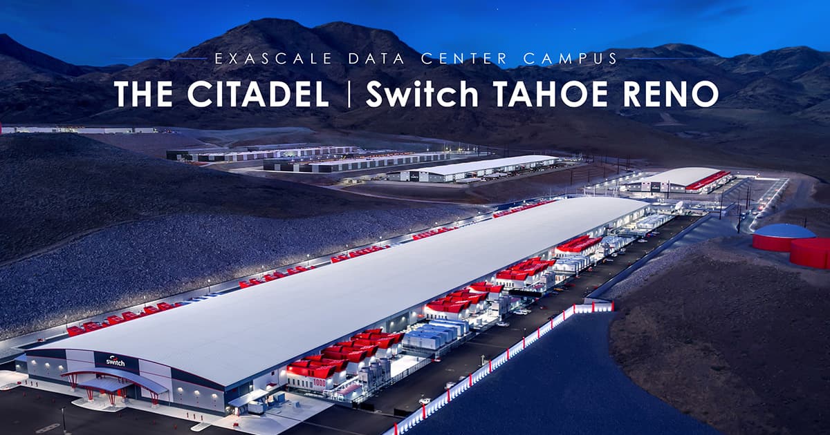 Aerial night view of Switch's Citadel data center campus at the Tahoe-Reno Industrial Center in Nevada