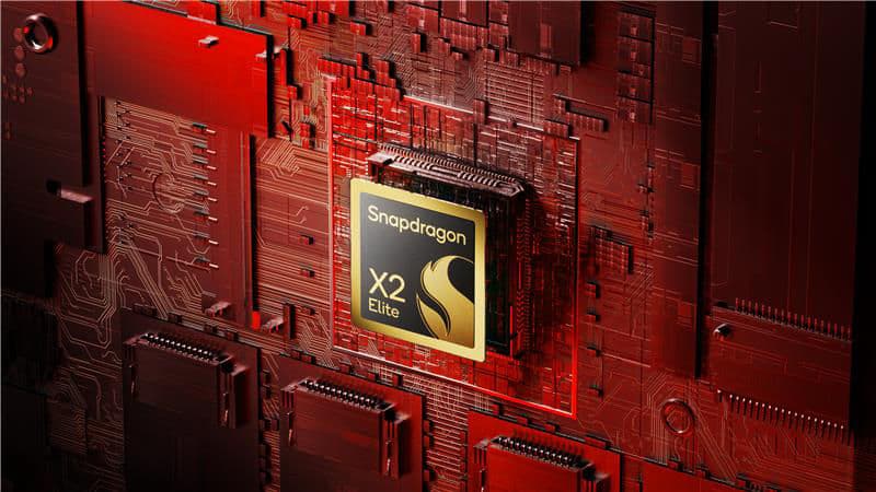 Snapdragon X2 Elite chip package on a red circuit-board render, official Qualcomm image